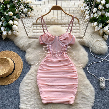 Ins Sexy Hollow Out Sling Dress with Exposed Waist Bandage Pleated Slim Fit Bodyocn Girl's Photo Date Short Dress