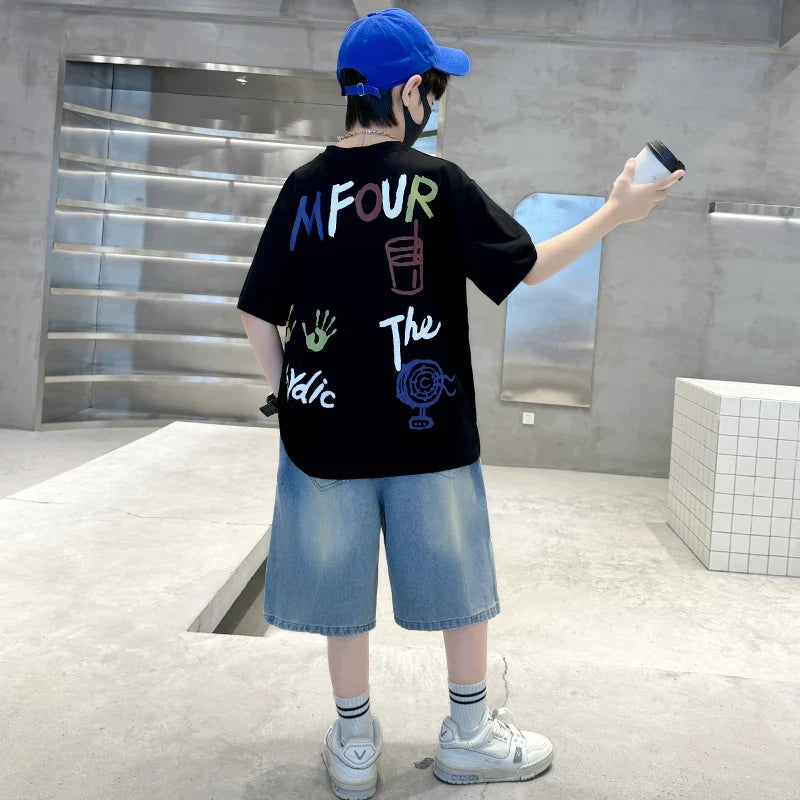 Luxurious Boys Set Summer Outfit Suit Age 5 6 7 8 9 10 11 12 13 14 Years Child Clothing Set Kids Letter T-shirt and Denim Shorts