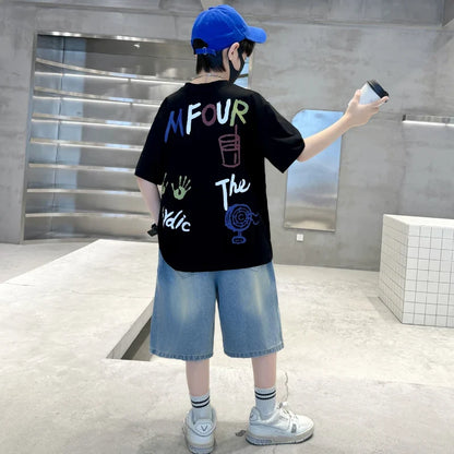 Luxurious Boys Set Summer Outfit Suit Age 5 6 7 8 9 10 11 12 13 14 Years Child Clothing Set Kids Letter T-shirt and Denim Shorts