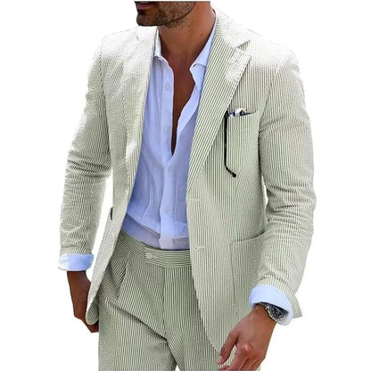 Summer Stripe Men Suits 2 Pieces Seersucker Notched Lapel Wedding Party Suit Jacket Pants Casual Blazer Slim Fit Suits for Men
