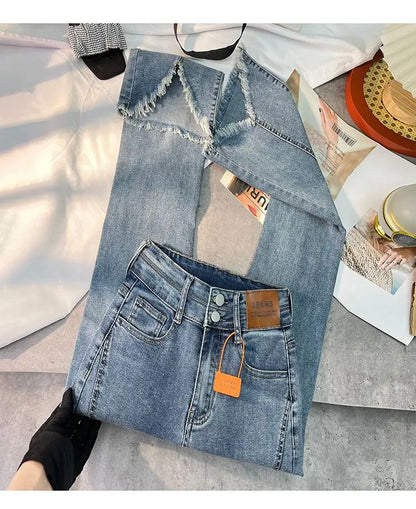 Women Autumn Y2K Slim Flared Denim Trouser Raw Edge Vintage Sexy Minimalist Pant Grunge High Waist Solid High Street Retro Jeans
