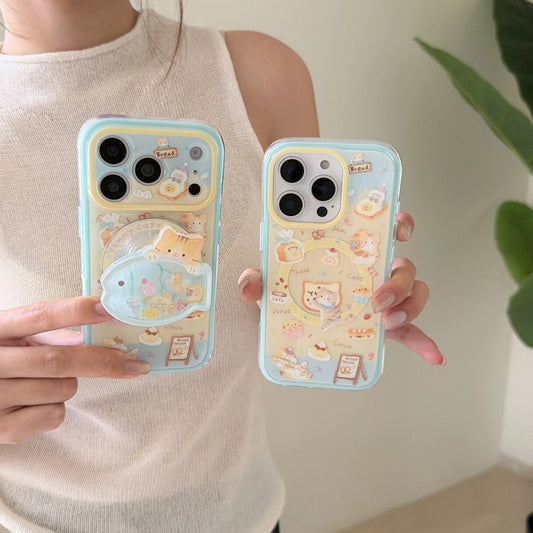Fashion iPhone case Cat & Dessert Print Phone Case With Matching Stand For IPhone 15 16 17 Pro Max Shockproof Protective Cover