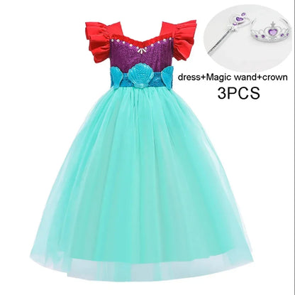Little Mermaid Ariel Princess Costumes Young Girls Purple Dress Kids Cosplay Carnival Gown Birthday Tutu Dresses Summer New Wear