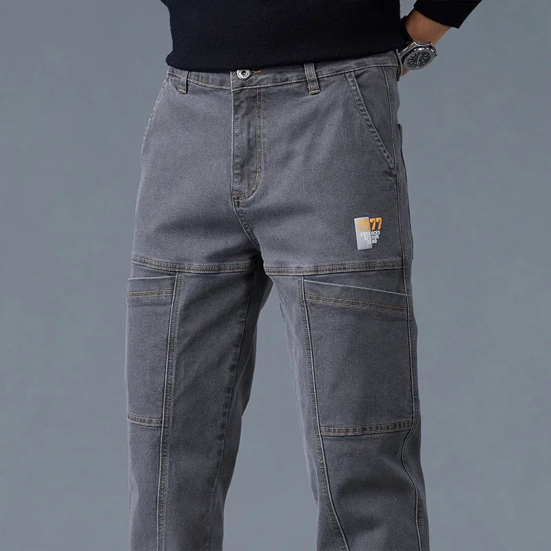 2026 New Style Jeans Men's Slim Fit Korean Style Comfortable Straight Leg Elastic Gray Mid Waist Pants Men's Casual Denim Pants