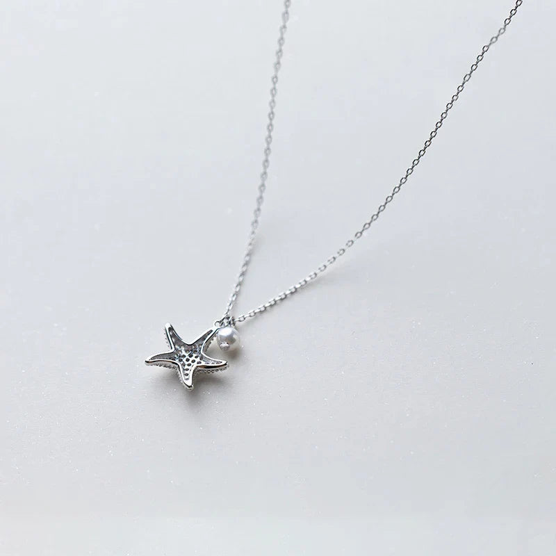 Marine Life Adjustable Necklace for Women Shiny Zircon Starfish Pearl Sterling Silver 925 Pendant Necklace Fine Jewelry