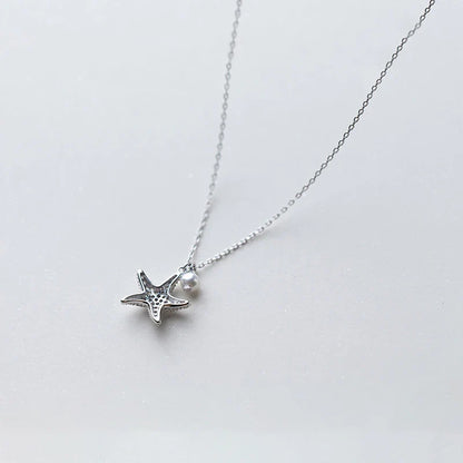 Marine Life Adjustable Necklace for Women Shiny Zircon Starfish Pearl Sterling Silver 925 Pendant Necklace Fine Jewelry