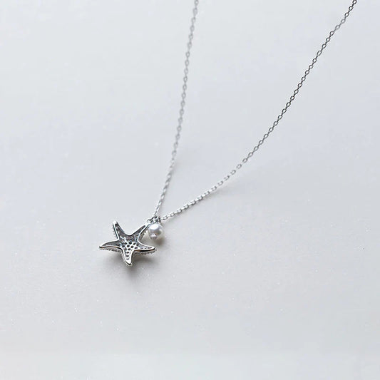 Marine Life Adjustable Necklace for Women Shiny Zircon Starfish Pearl Sterling Silver 925 Pendant Necklace Fine Jewelry