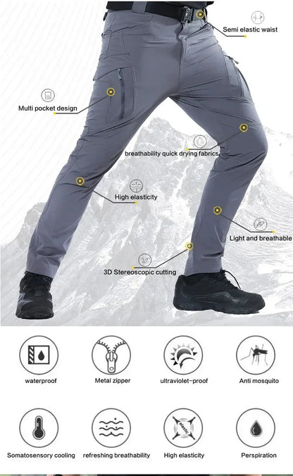 Men Tactical Pants Waterproof Cargo Pants Multi Pockets Spring Summer Thin Outdoor Camping Trekking Hiking Quick Dry Trousers