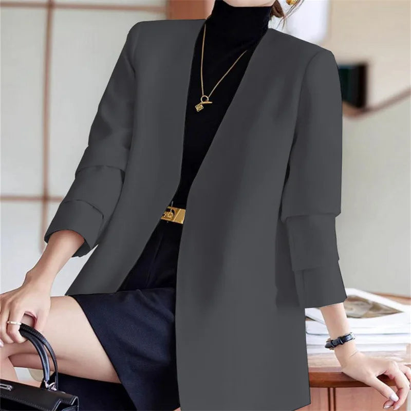 Fashionable Versatile Spring Autumn Women's Blazer Jacket Korean Style Street Style Long Sleeve Suit Coat Pure Color Commute...
