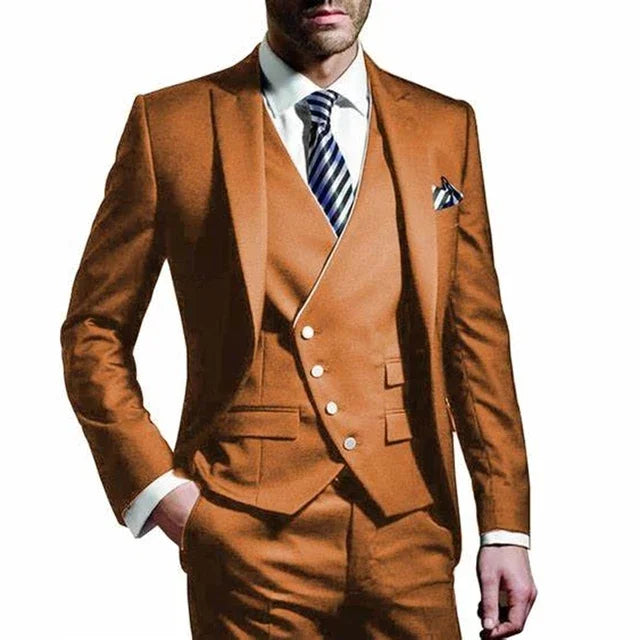 Men Suit  Army Green 3 Piece Groom Wear Peak Lapel Wedding Tuxedos Business Party Evening Jacket Vest With Pants