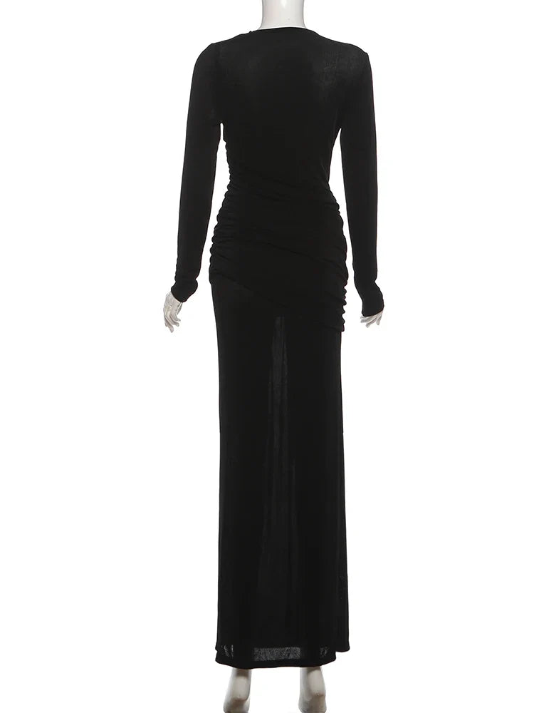 Folds Maxi Dress Women o-Neck Full Sleeve Solid Banquet Elegant Vacation Fashion Autumn Skinny Casual Simple Vestidos