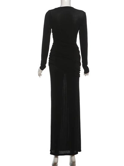 Folds Maxi Dress Women o-Neck Full Sleeve Solid Banquet Elegant Vacation Fashion Autumn Skinny Casual Simple Vestidos