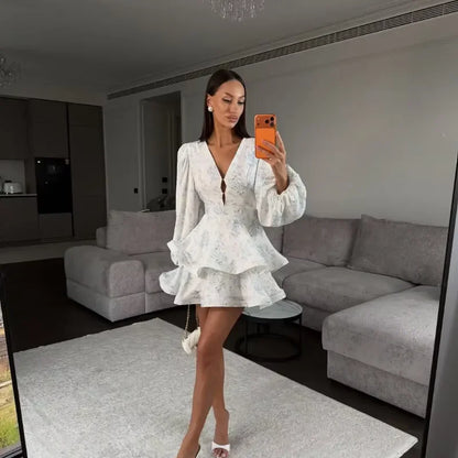 Women Floral Print Mini Dress V-neck Balloon Sleeve Keyhole Detail Tiered Ruffle Hem Dresses 2026 New Summer Holiday Party Gowns