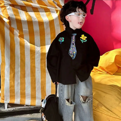 Boys Spring and Autumn Printed Fake Tie Shirt, Ripped Jeans 2-pcs Set New Graffiti Loose Fit Long Sleeve Thin Shirt Pant Suit