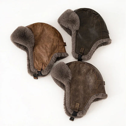 Men Winter Bomber Hat Outdoor Motorcycle Windproof Thicken Warm Faux Fur Pilot Earflap Hat Leather Thermal Ushanka