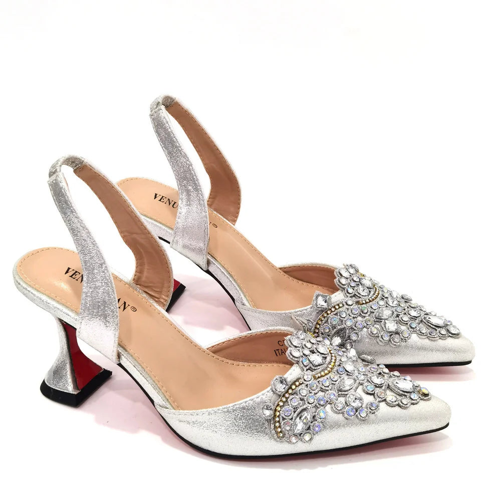 2023 New Fashion Simple And Versatile Silver Pointed Toe High Heels Comfortable To Wear Party Ladies Shoes And Bag