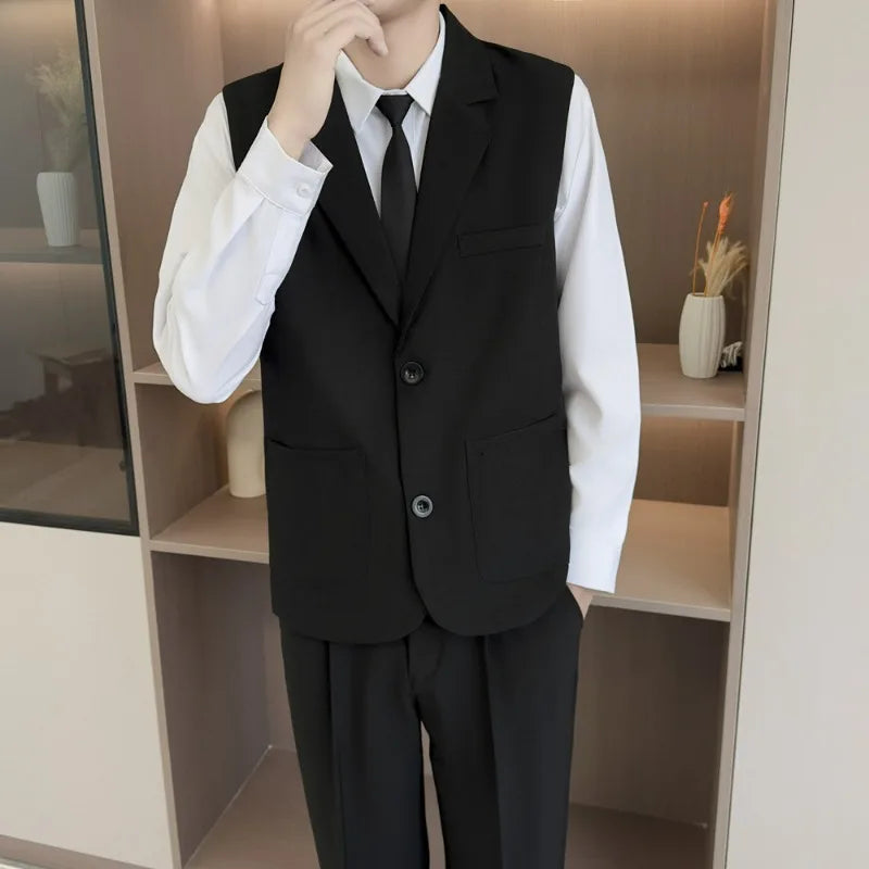 Summer Suit Vest Turn Down Collar Single-breasted Male Waist Sleeveless Pocket Versatile Business Casual Man Coat