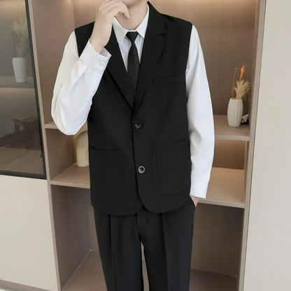 Summer Suit Vest Turn Down Collar Single-breasted Male Waist Sleeveless Pocket Versatile Business Casual Man Coat