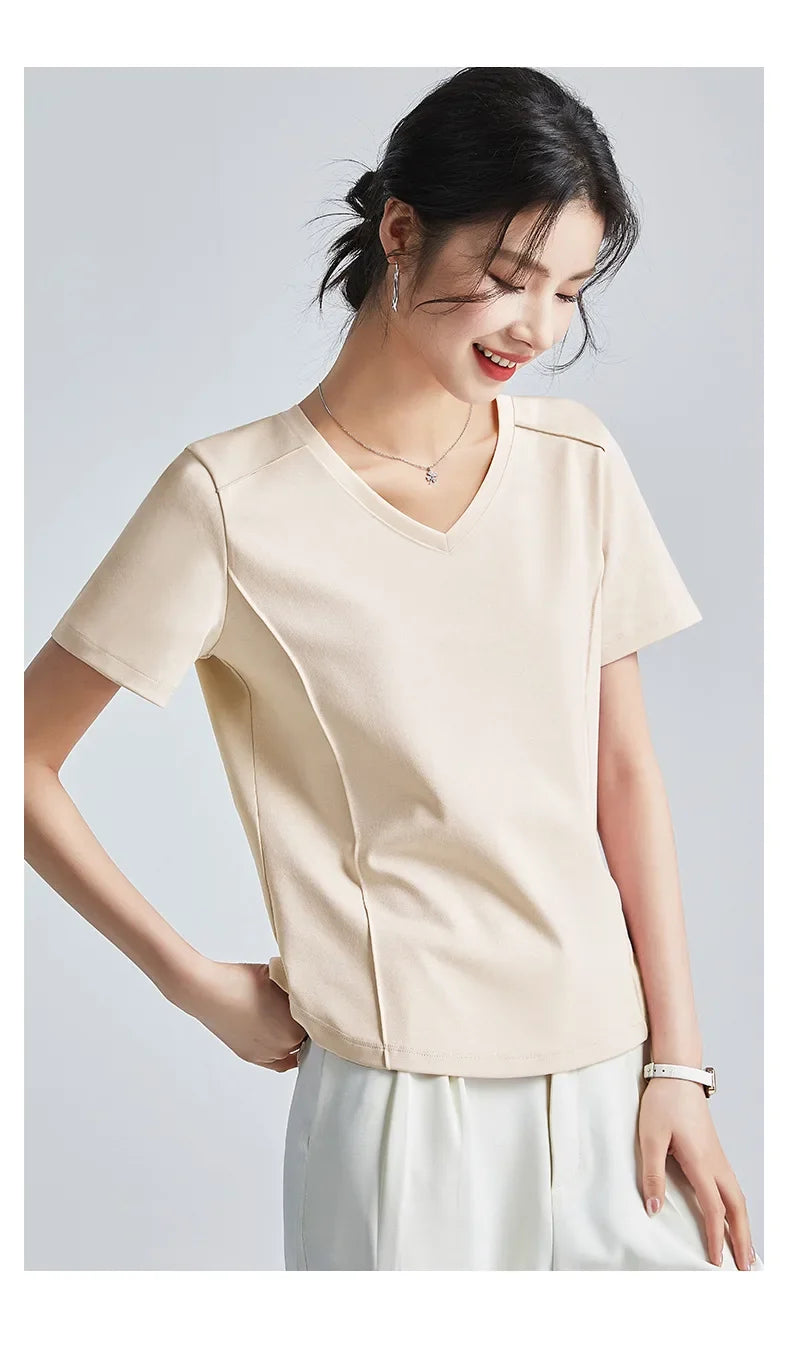 Summer Women's White Mercerized Cotton T-Shirt | 3D Stitching Round Neck Basic Top | Plus Size Slim Fit Layered Casual Blouse