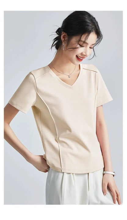 Summer Women's White Mercerized Cotton T-Shirt | 3D Stitching Round Neck Basic Top | Plus Size Slim Fit Layered Casual Blouse