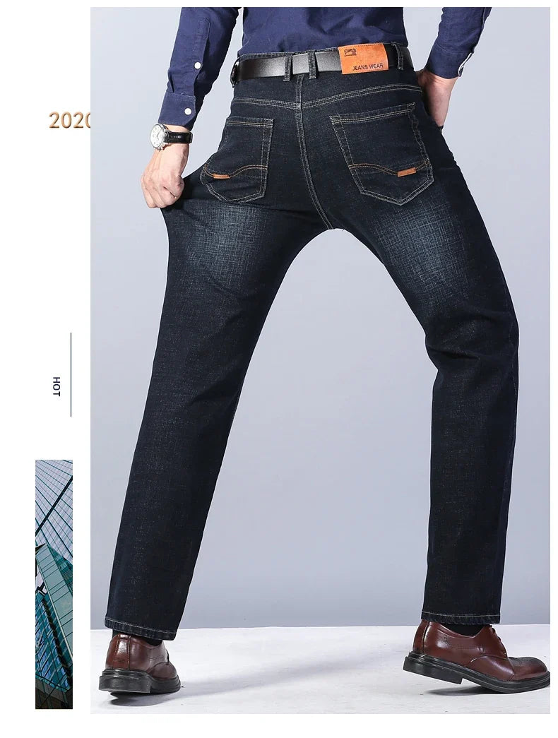 New Men's Fashion  Business Casual Stretch Slim Jeans Classic Trousers Denim Pants Male Black Blue