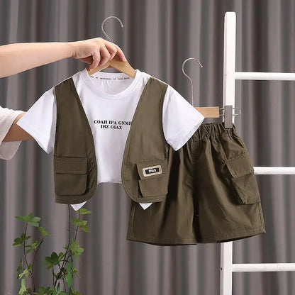 New Summer Baby Clothes Suit Children BoysFake Two-piece Vest T-shirt Shorts 2Pcs/Sets Toddler Casual Costume Kids Tracksuits