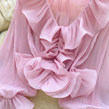 Ruffles Pleated Romantic Tops Thin Spring Summer V Neck French Elegant Blouse Fairycore Flowy Office Lady Luxury Shirt