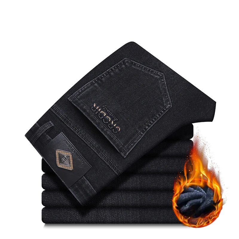 Men's Thicken Fleece Straight Jeans Winter Business Casual Stretch Denim Pants Warm Plush Brand Trousers Pans Male Classic