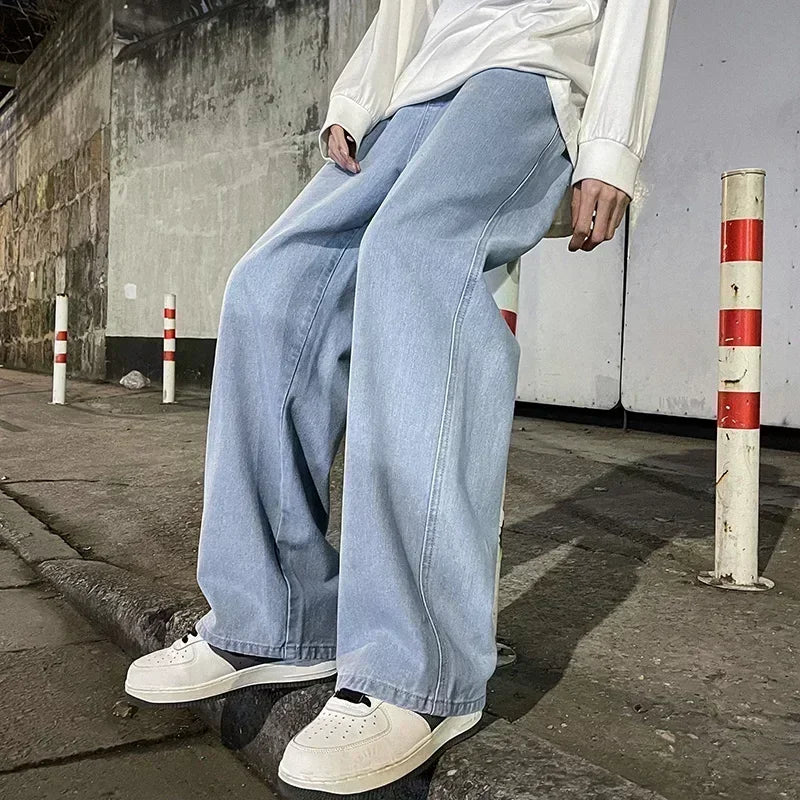 Spring and Autumn New American Drawstring Jeans for Men, Loose and Versatile Casual Pants, Trendy Washed Men's Pants