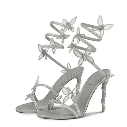 Street Style CRYSTAL Flower Thin Heels Banquet Prom Women Sandals Sexy Open Toe Narrow Band Ankle Strap Gladiator Shoes