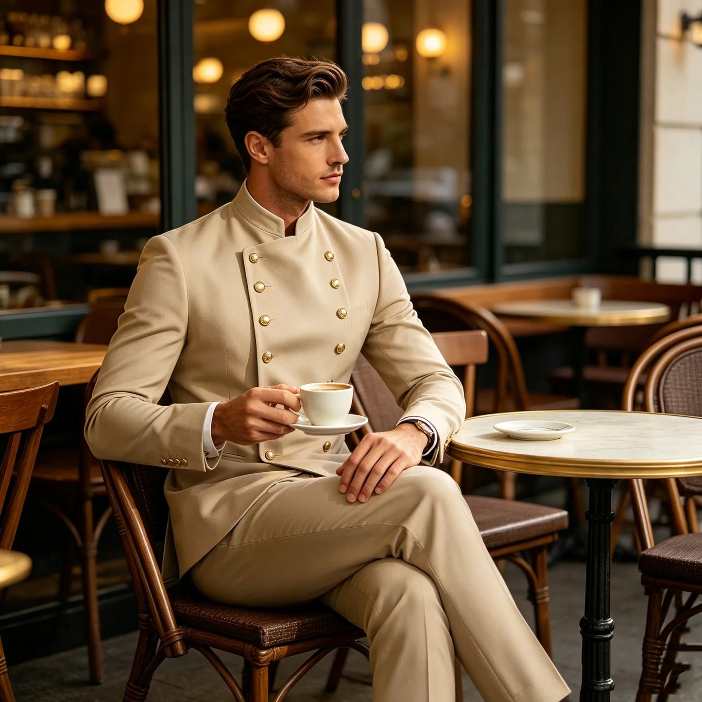 Men's Double Breasted Stand Collor Suit 2 Pieces Blazer Pants Set Slim Fit Business Casual Suit Jacket Formal Wedding Tuxedo