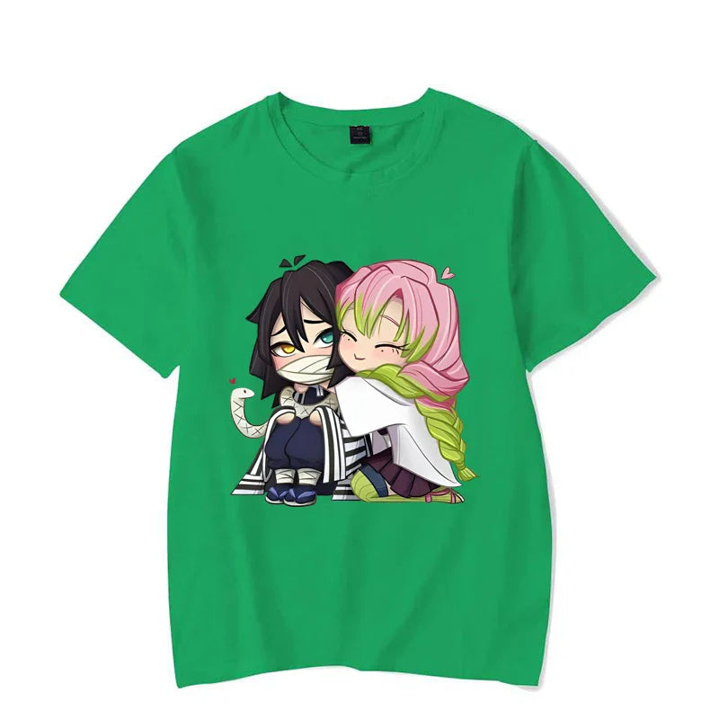 Funny Kanroji Mitsuri Iguro Obanai Cartoon Print T-Shirt Couple Casual Loose Short Sleeve Round Neck Harajuku Tops Clothing
