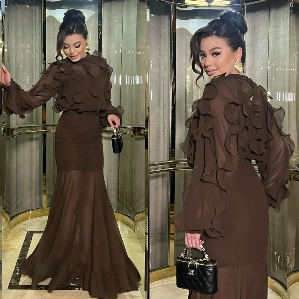 Customized Modern Style Exquisite Chiffon Pleat Ruched Mermaid High Collar Long Dresses Bespoke Occasion Dresses High Quality