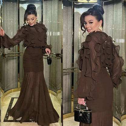 Customized Modern Style Exquisite Chiffon Pleat Ruched Mermaid High Collar Long Dresses Bespoke Occasion Dresses High Quality