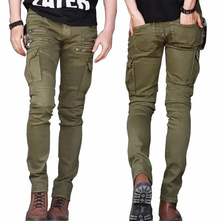 Fashion Fold Men Jeans Stretch Pleated Biker Cargo Jeans Zipper Skinny Slim Fit Trouser Hiphop Punk Multi Pocket Denim Pant Male