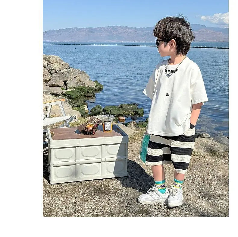 Summer Boys Cotton Leisure White T-Shirt Tops+Contrast Stripes Shorts Pant Set School Kids 2PCS Tracksuit Children Outfit 3-14Yr