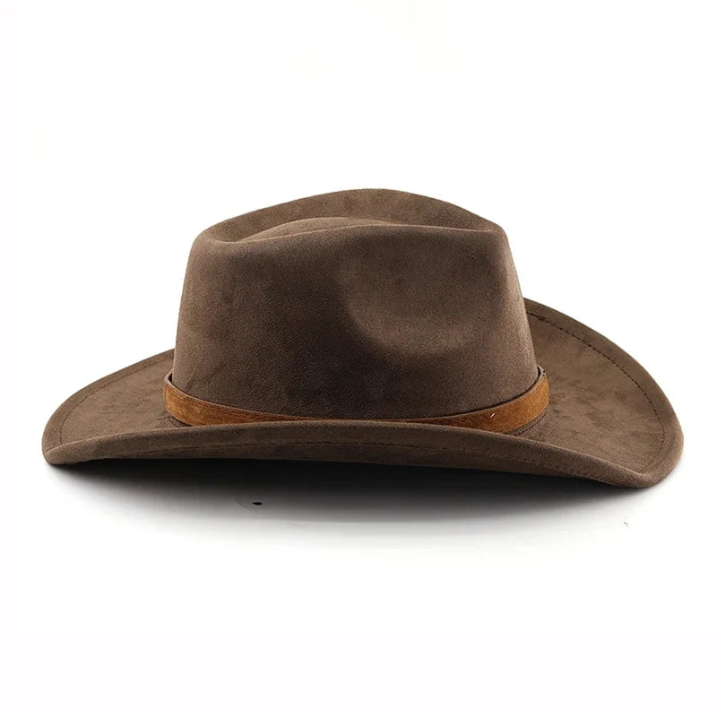 Ethnic Style Western Cowboy Hat Imitation Leather Velvet Jazz Hat Autumn And Winter Roll up Edge Fedora Hat
