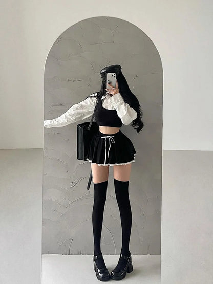 Lace Patchwork Pleated Skirt for Women Y2K Summer Fashion Preppy Drawstring Tutu Skirt Korean Sweet Lolita All Match Mini Skirts