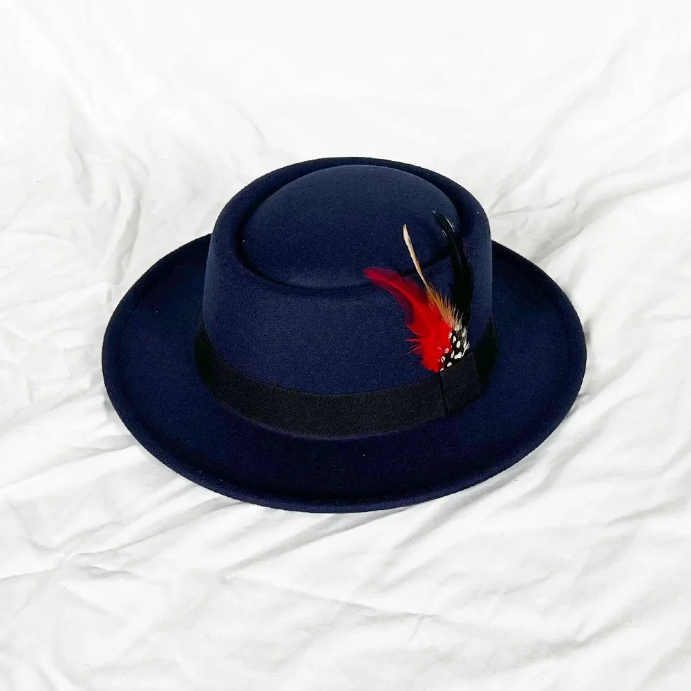 NEW Vintage Pork Pie Hat Mens Rolled Brim Felt Fedora Hat with Feather Gentleman Trilby Jazz Hats