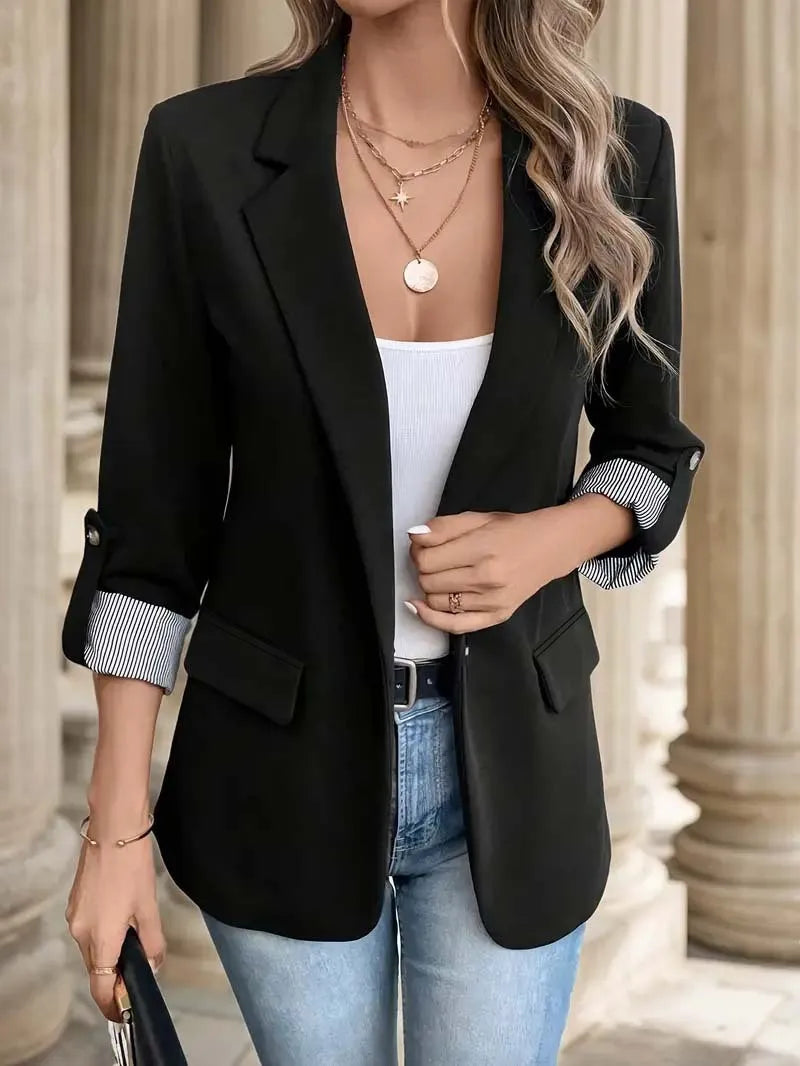 2025 Women's Slim Fit Casual Button Blazer European Style Roll Up 7-Pt Sleeve Trendy Suit Jacket