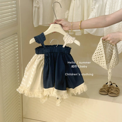 Summer Girls Casual Dresses with Hat Children's Clothing 2025 New Girls' Hollow Out Sleeveless Skirt Children's Lace Dress