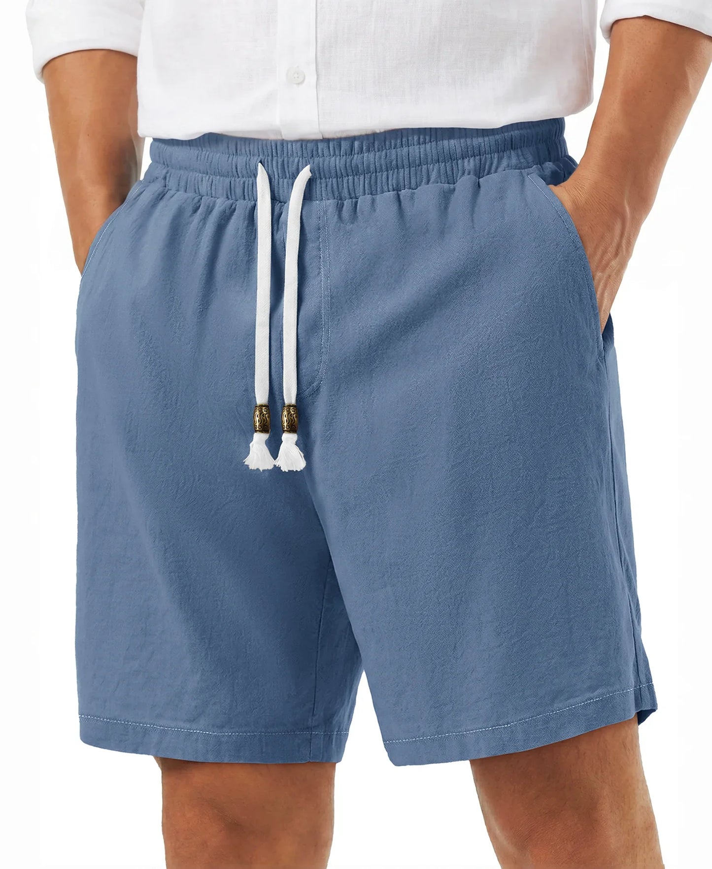 Men's Cotton Casual Shorts Loose Summer Beach Vacation Short Solid Pants with Deep Pockets Elastic Waist 7 Inch Inseam