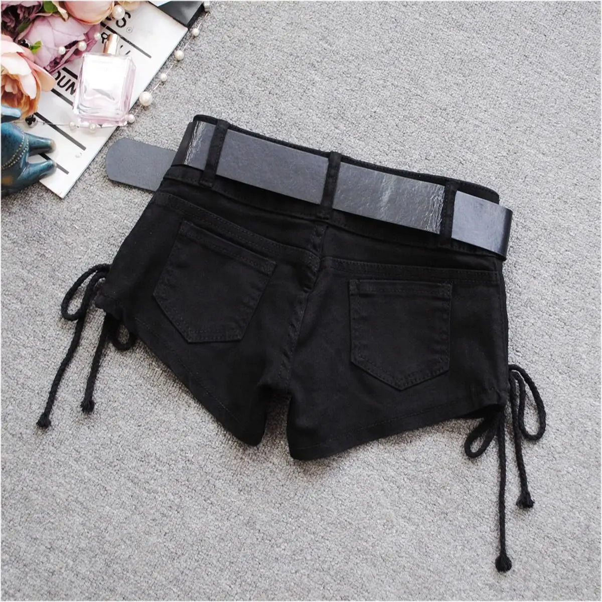 Korean Low Rise Denim Shorts 2024 - Riveted Lace Up Bodycon Black Hot Pants Vintage Cheeky Booty Summer TikTok Y2K Outfit
