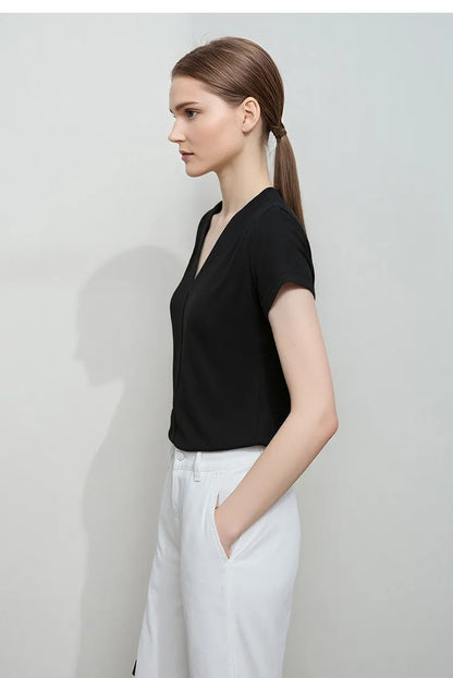 Minimalism 2026 Summer Women's T-shirt Classic Style Casual V-neck Short Sleeve Solid Stretch Female Tops & Tees 12612011