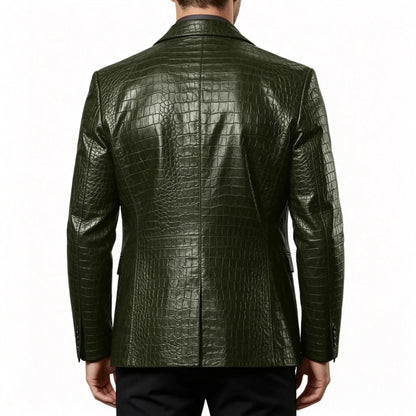 Men Crocodile Texture Leather Blazer Notched Lapel Slim Fit Single Breasted Suit Jacket Nightclub Party Business Outer Coat