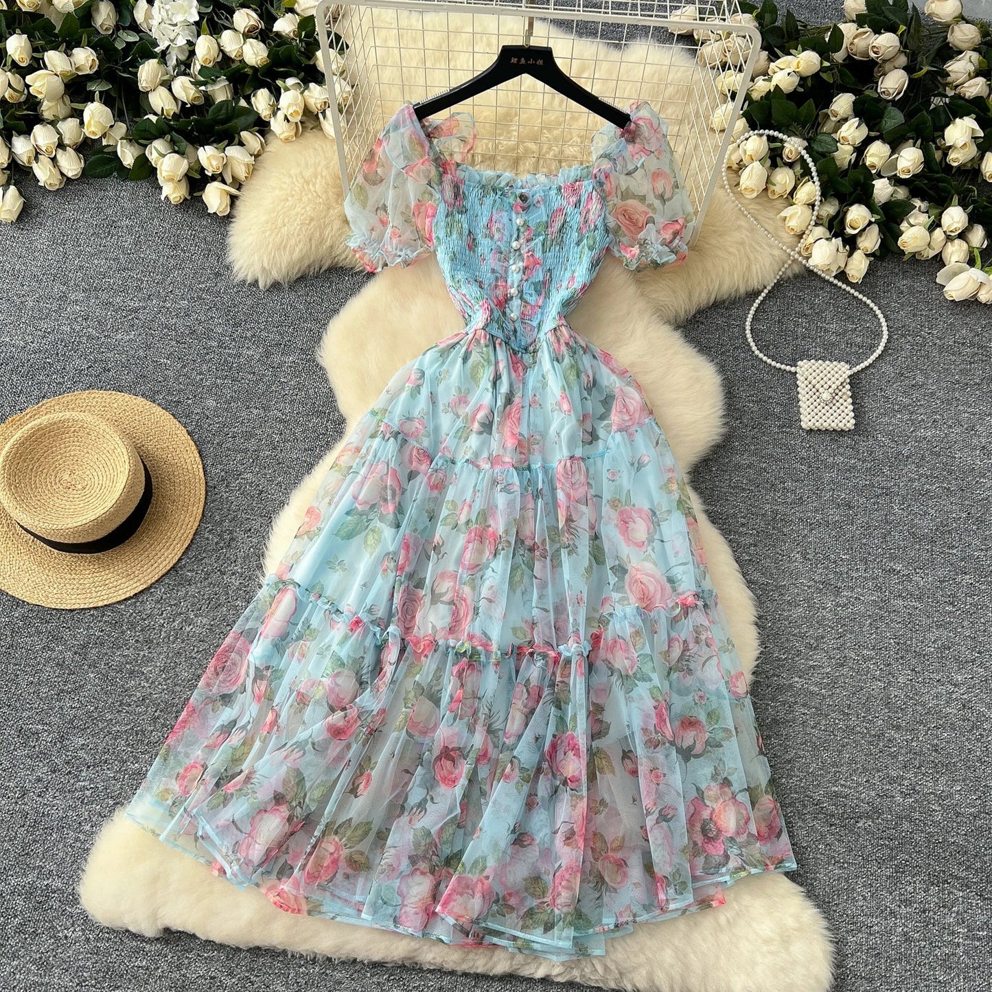 Retro Floral Chiffon Dr Women's Waist Cinched Bubble Sve Me Skirt Tea Break Gentle Soft Sle Korean High Waist A-Lin...