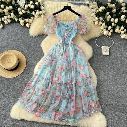 Retro Floral Chiffon Dr Women's Waist Cinched Bubble Sve Me Skirt Tea Break Gentle Soft Sle Korean High Waist A-Lin...