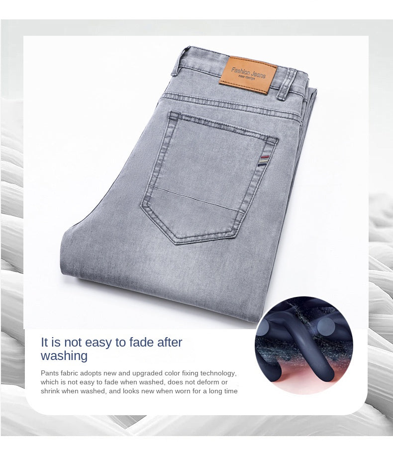 2024 Brand Thin or Thick Material Straight Cotton Stretch Denim Men's  Business Casual High Waist Light Grey Blue Jeans