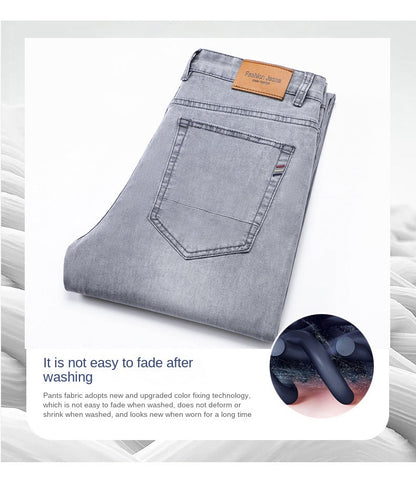 2024 Brand Thin or Thick Material Straight Cotton Stretch Denim Men's  Business Casual High Waist Light Grey Blue Jeans