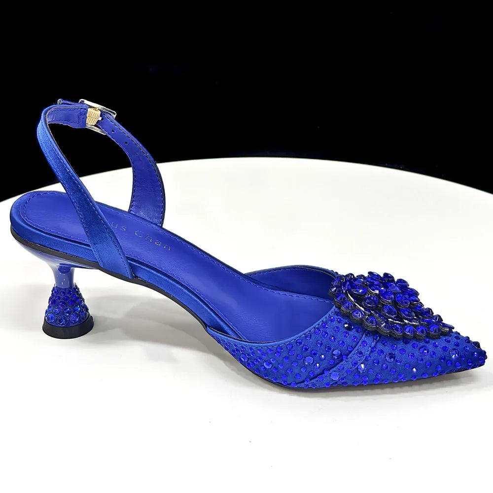 Blue Color Rhinestone Comfortable high heel shoe And Bag Fashion Style Pointed-Toe Shoes For Women Or Commuting Shoes